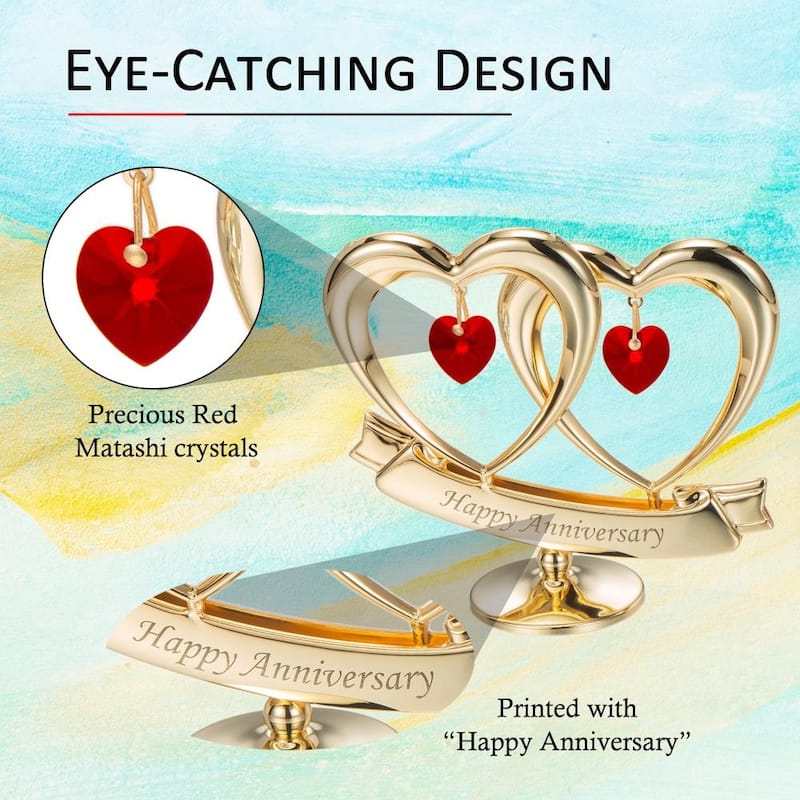 Matashi 24K Gold Plated Double Heart Happy Anniversary Banner Ornament w Sunflower Figurine Showpiece Best Gift for Anniversary