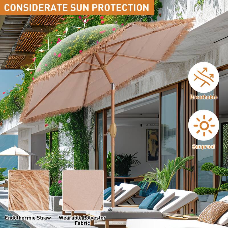 Ainfox 7.5/9 ft Hula Tiki Outdoor Umbrella, Thatched Beach Umbrella