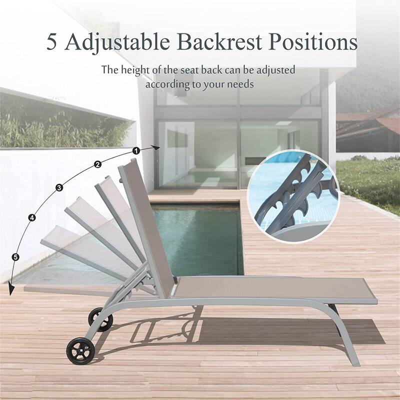 Outdoor Chaise Lounge Set of 3 Adjustable Patio Recliners with Wheels and Side Table for Poolside Beach or Garden