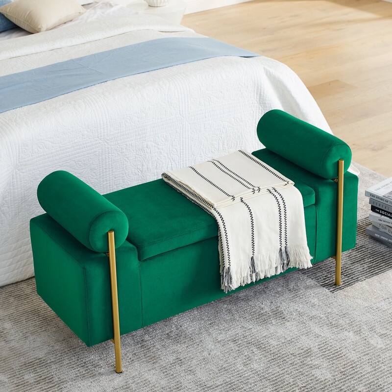 Upholstered Storage Bench with Cylindrical Arms