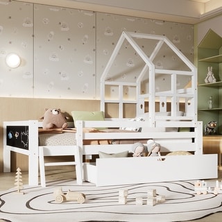 Twin Size Platfrom Bed with Ladder and Drawers,House Design Bed with Blackboard