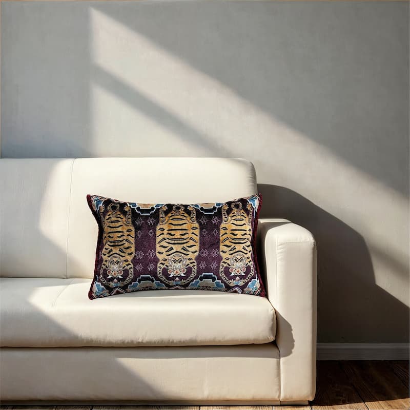 Cotton Velvet Printed Lumbar Pillow with Pattern, Beads and Fringe