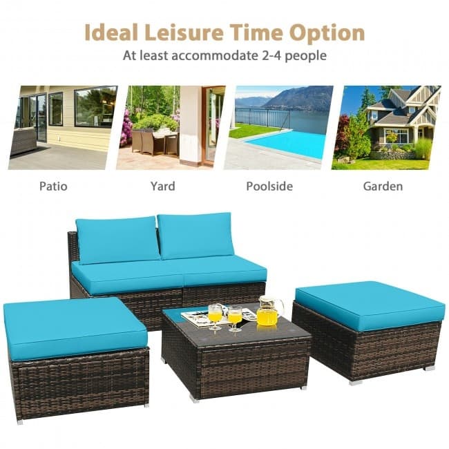 5 Pieces Wicker Lounge Chair Set with Washable Zippered Cushions - 26" x 26" x 13.5" (L x W x H)