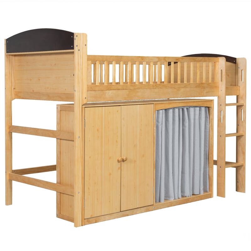 Twin Loft Bed with Built-in Wardrobe & Storage Cabinet, Space-Saving Design with LED Lighting