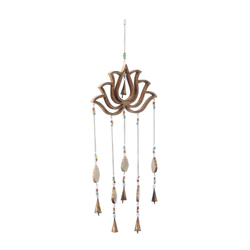 Mango Wood Floral Handmade Lotus Indoor Outdoor Windchime with Glass Beads and Cone Bells - Brown - Roche River Decor