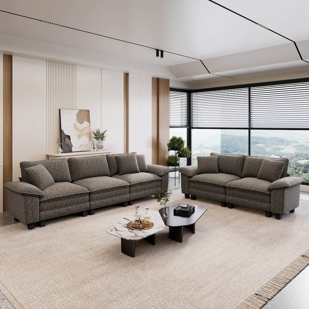 MAISON ARTS 2-Piece Chenille & Corduroy Sofa Set, Comfy 3/4/5-Seater Modular Loveseat & Armchair with Throw Pillows