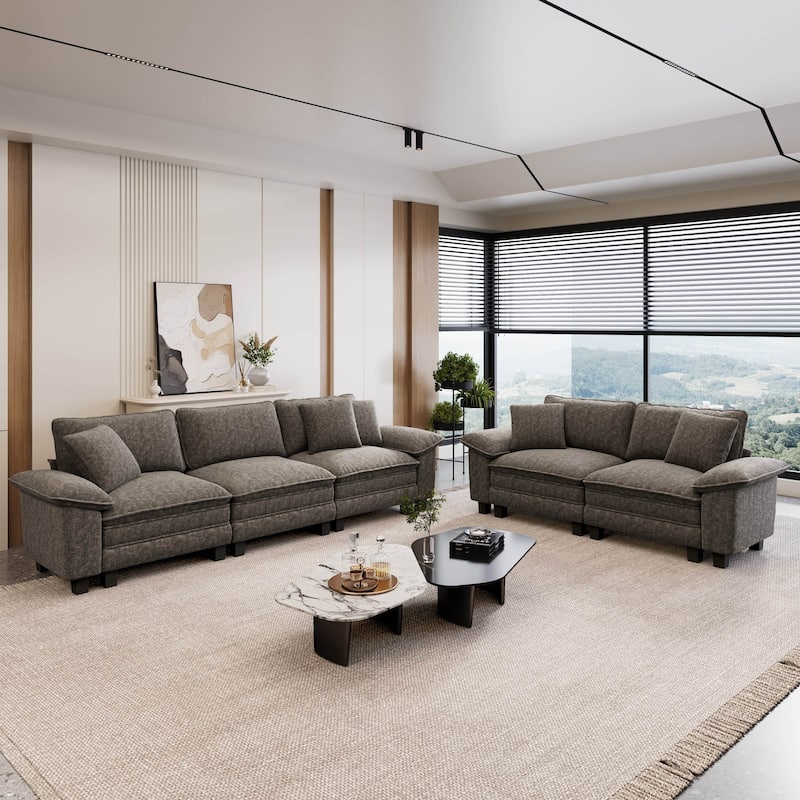 MAISON ARTS 2-Piece Chenille & Corduroy Sofa Set, Comfy 3/4/5-Seater Modular Loveseat & Armchair with Throw Pillows