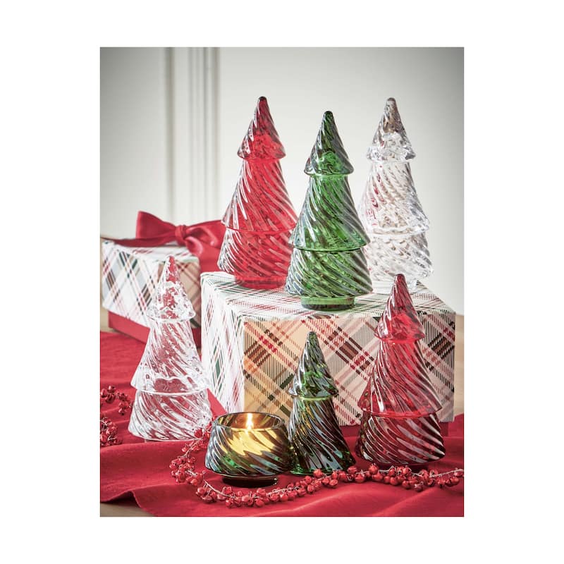 Christmas Glass Twist Tree Tealight Candle Holder Green, 6.25 inch