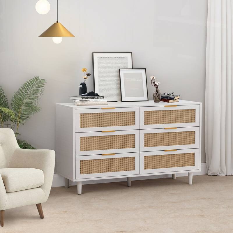 6-Drawers Rattan Storage Cabinet Rattan Drawer - White - 51.18" Rectangular