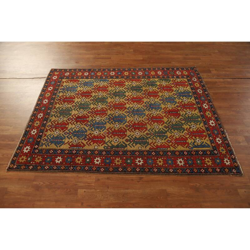 Hand Knotted Oriental 100% Wool Carpet Traditional All-Over Yellow & Gold Kazak Area Rug - 5' 1'' X 3' 11''