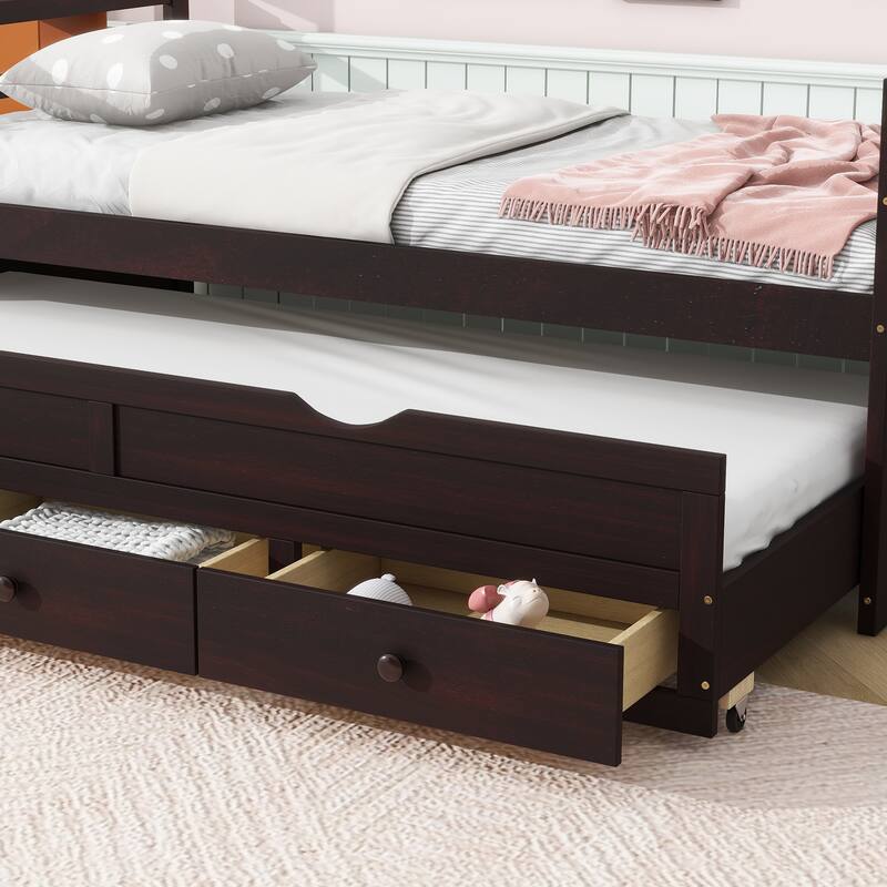 Twin Bed with Pull-Out Trundle, Three Storage Drawers, Pine Wood Frame, Headboard & Footboard