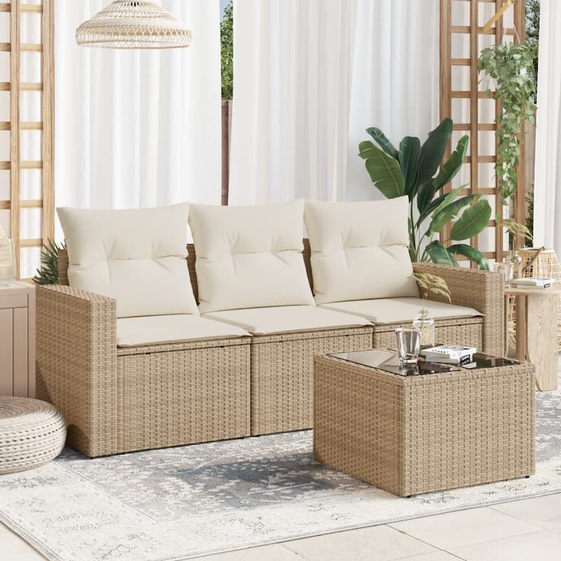 vidaXL Garden Sofa Set Beige PE Rattan, Powder-Coated Steel, Tempered Glass - 21.7 x 21.7 x 14.6