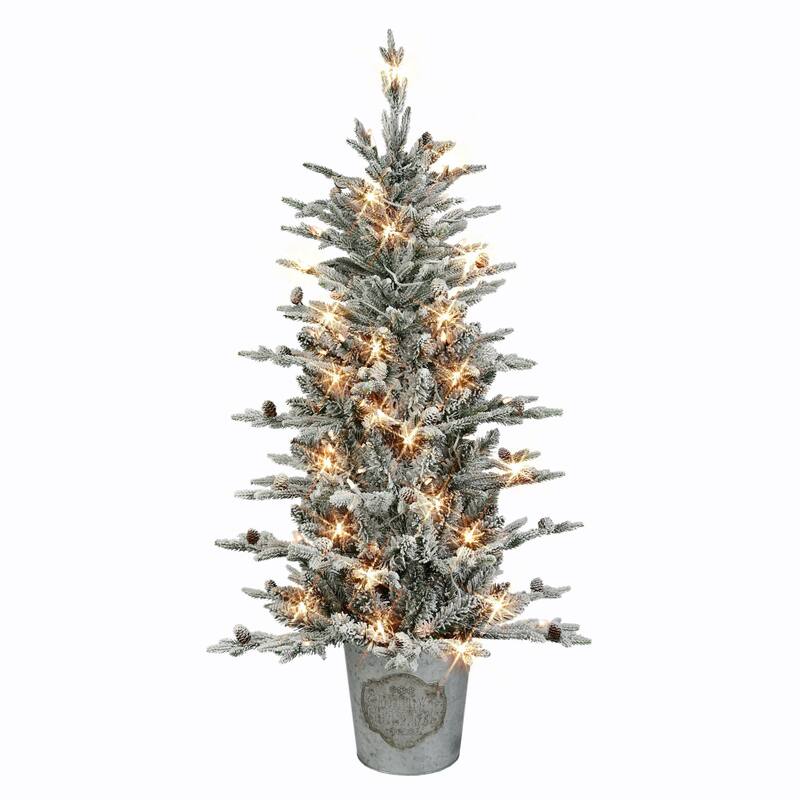 4.5' Potted Flocked Pine Medium Artificial Christmas Tree Clear Lights - 4.5 Foot