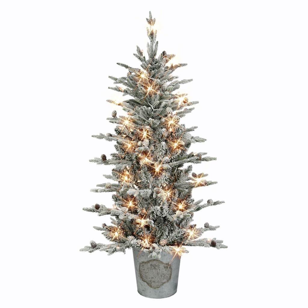 4.5' Potted Flocked Pine Medium Artificial Christmas Tree Clear Lights - 4.5 Foot