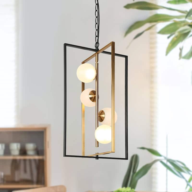 Modern Contemporary 4-Light Black Gold LED Chandelier Geometric Pendant Lights for Dining Room - 14.5" L x 13" W x 25.5" H