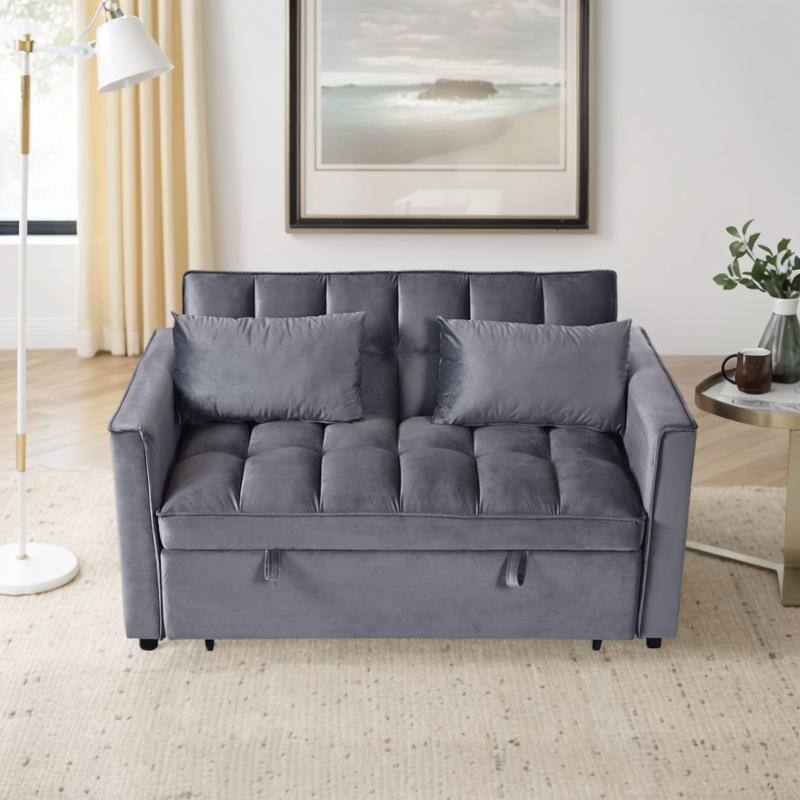Grey 3-in-1 Velvet Convertible Sofa Bed, Pullout Couch with Side Pockets, Made in Vietnam