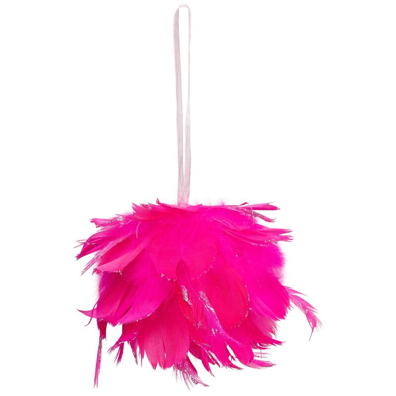 Glittered and Feathered Ball Christmas Ornament - 4" - Hot Pink