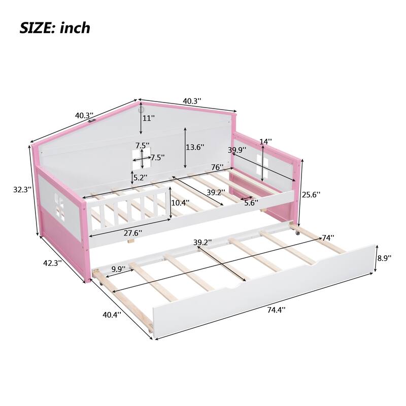Twin size Wooden Daybed with Trundle and sensor light, Easy to assemble, suitable for bedroom