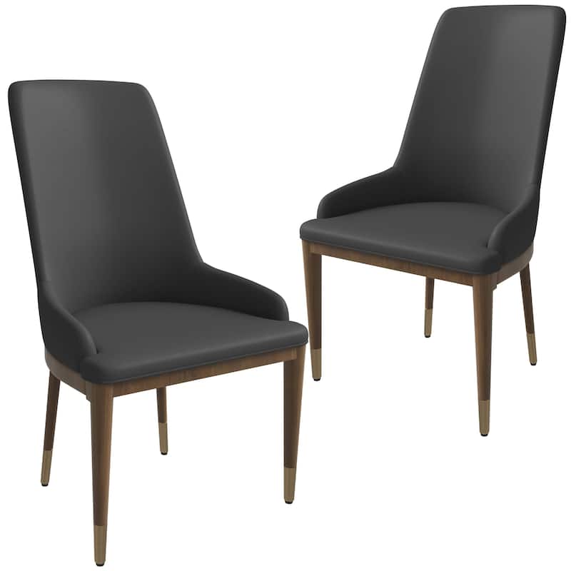 Dining Chair Upholstered in Leather with Rubberwood Frame Set of 2 Side Chair High Back and Gold Accent Legs - Dark Grey