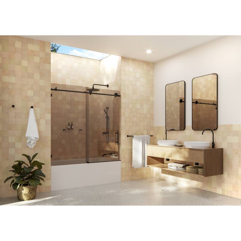 Equinox 60 in. x 60 in. Fully Frameless Glass Bath Slider with Bronze Tint