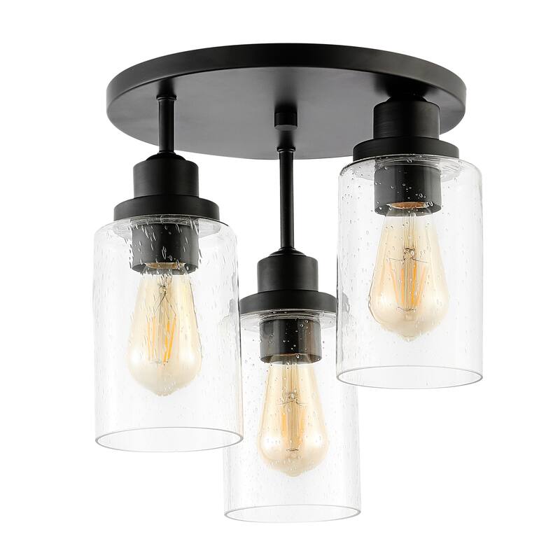 Wicklow 12" 3-Light Bohemian Farmhouse Iron/Seeded Glass LED Semi Flush Mount, Black/Clear by JONATHAN Y