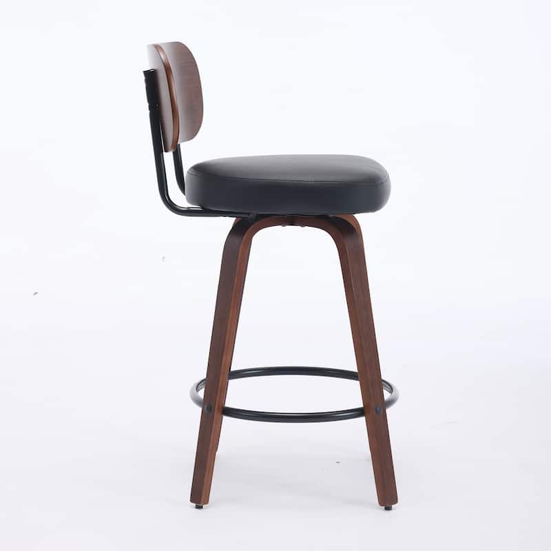 Set of 2 Swivel Bar Stools‌ – 26" faux leather seats, walnut backs & bentwood legs. Mid-century modern style for kitchen islands
