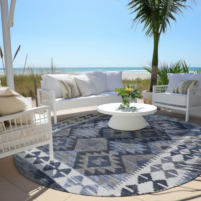 Machine Washable Indoor/ Outdoor Boho Global Chantille Rug - Navy - 8' x 8' - Round