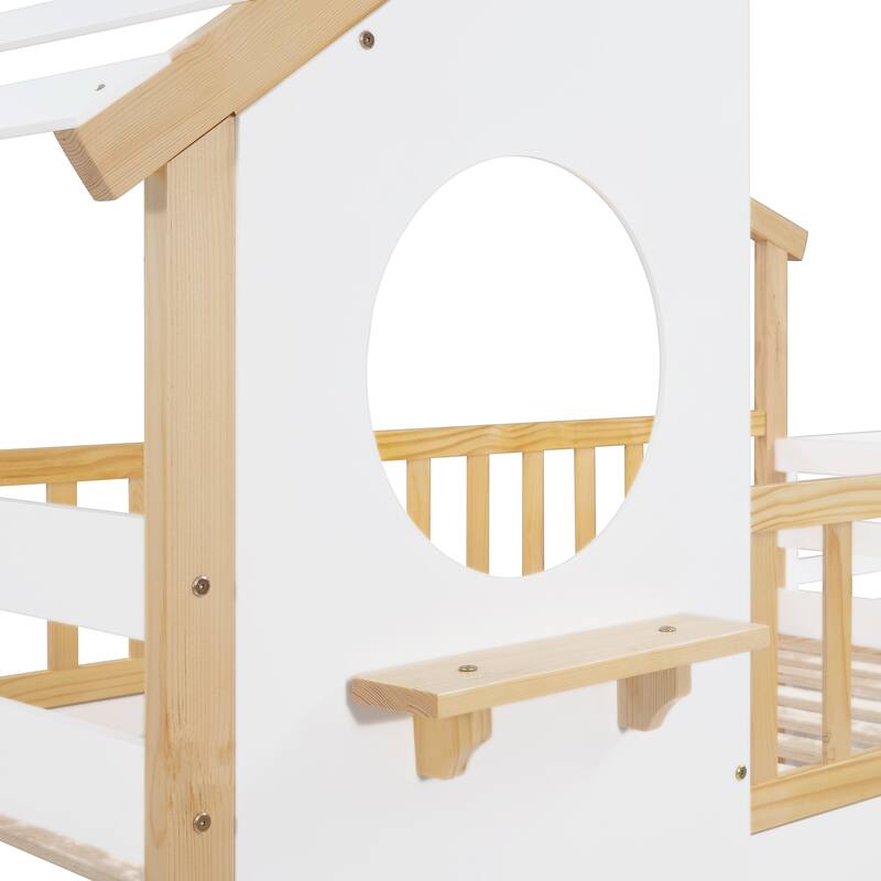Stairway Twin-Over-Twin Bunk Bed,House Bed,Storage and Guard Rail,Natural Bed +White Stair