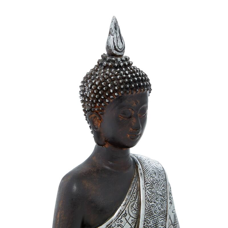 Black Polystone Meditating Buddha Decorative Sculpture with Engraved Carvings and Relief Detailing - 6 x 4 x 8