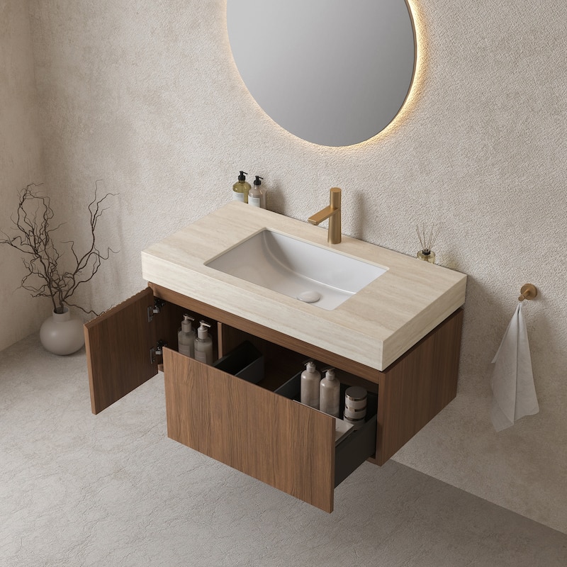 GDFStudio - Muri 36" Floating Bathroom Vanity with Travertine-Pattern Sintered Stone Countertop & Basin, WITHOUT Faucet - Brown Oak