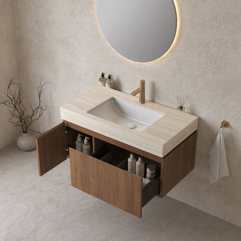 GDFStudio - Muri 36" Floating Bathroom Vanity with Travertine-Pattern Sintered Stone Countertop & Basin, WITHOUT Faucet
