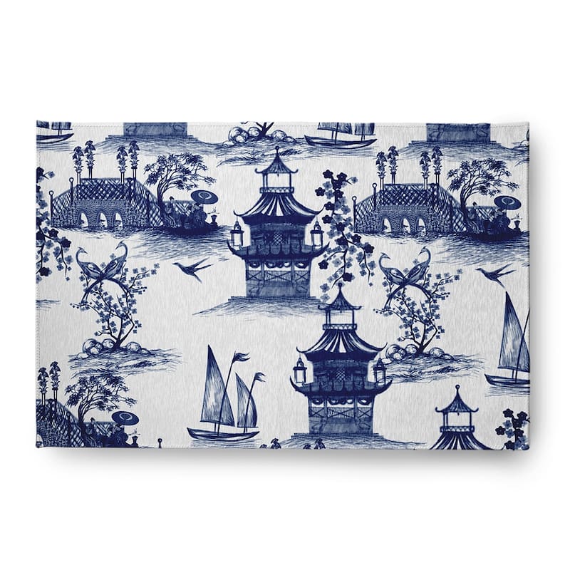 China Old Oriental Chenille Area Rug - Porcelain Blue - 4' x 6'