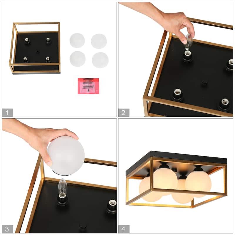 Modern Black Gold 4-Light Square Frosted Glass Flush Mount Ceiling Lights for Kitchen - 14" L x 14" W x 6.5" H