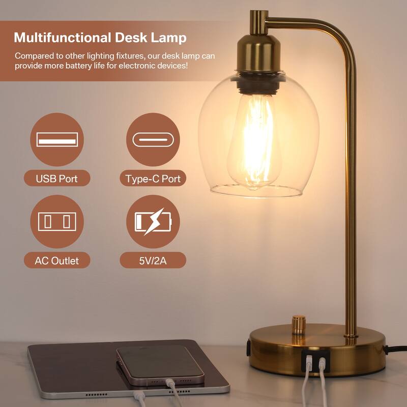 14.5 in. Industrial Table Lamp with Glass Shade with USB Port and Outlet