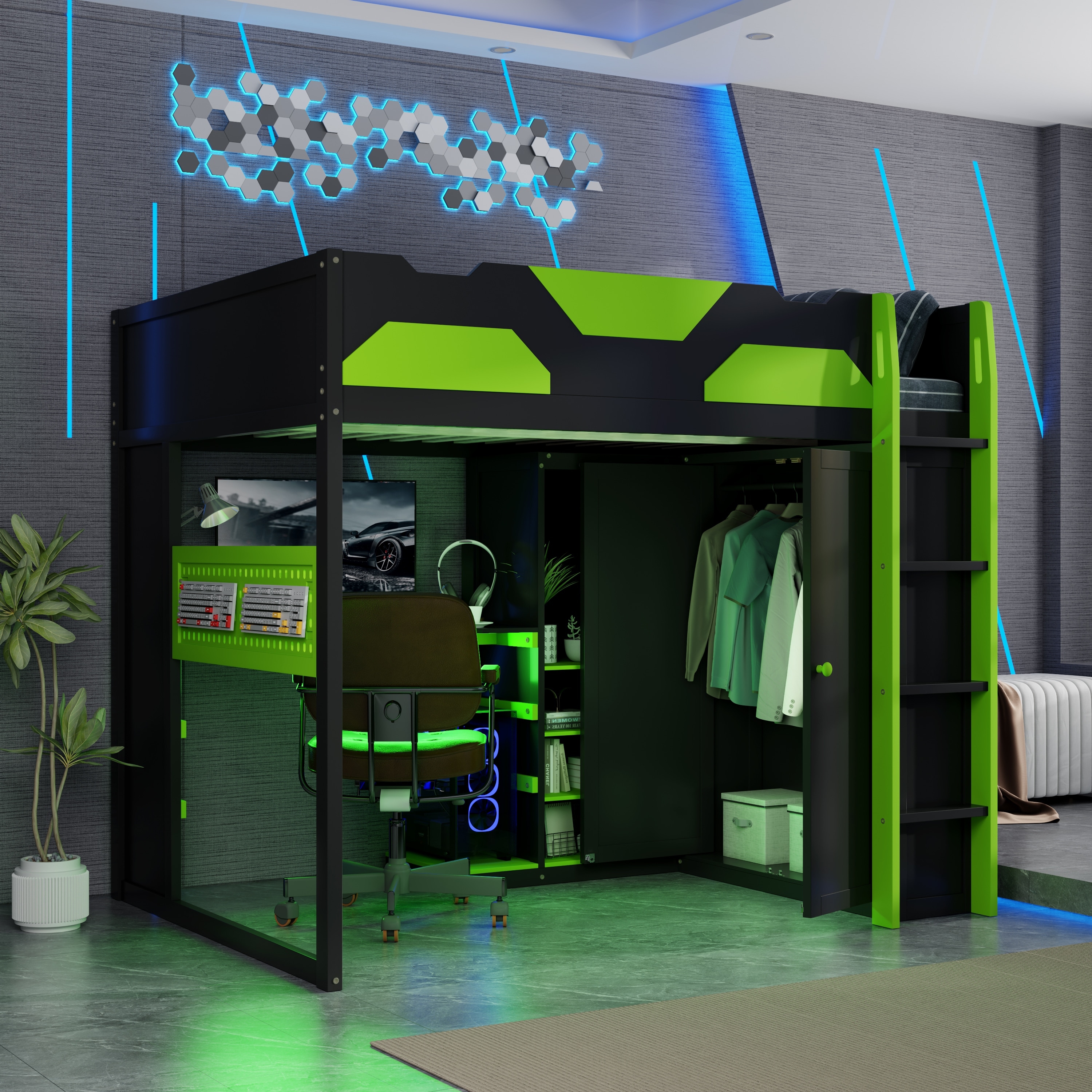 All-in-one Esports Gaming & Work Loft Bed with Adjustable Desk, LED, Charging Station, Pegboard, Storage Shelves and Wardrobe