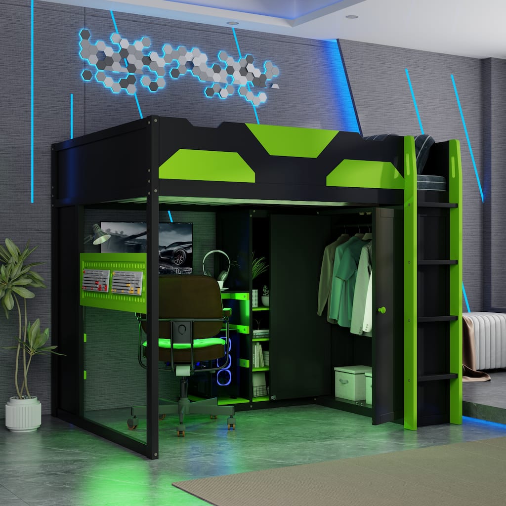 Full Size Wood Loft Bed with Desk - Multi-Storage Shelves, USB & RGB Light, Study Loft Bed