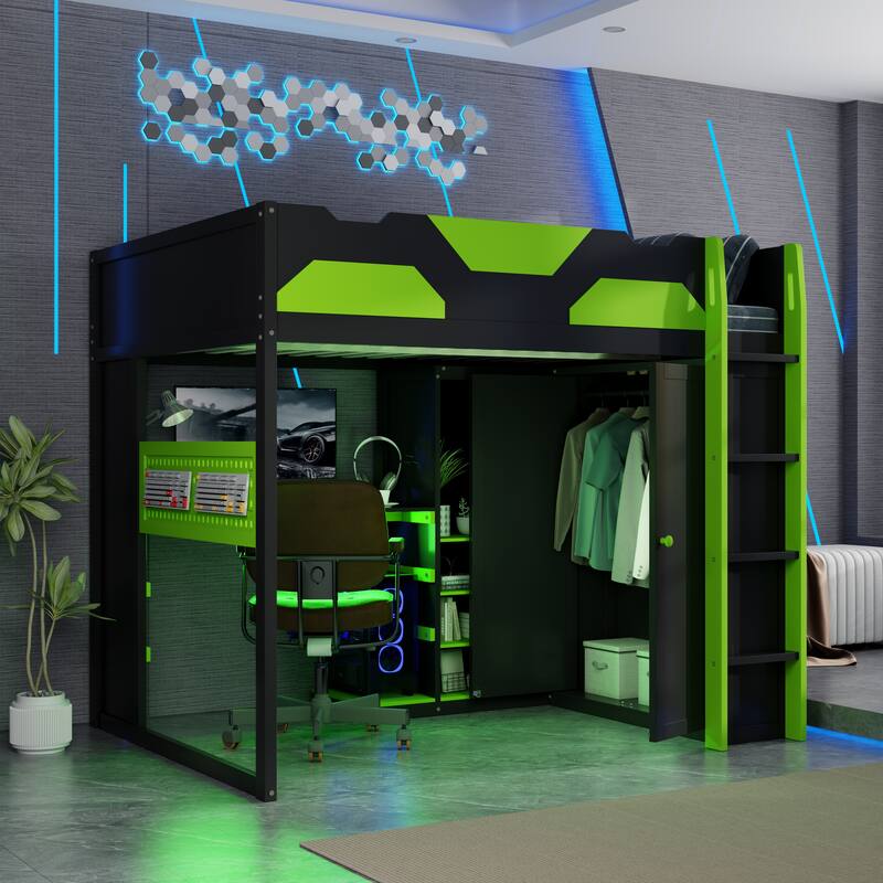 Full Size Wood Loft Bed with Desk - Multi-Storage Shelves, USB & RGB Light, Study Loft Bed - Green - Full