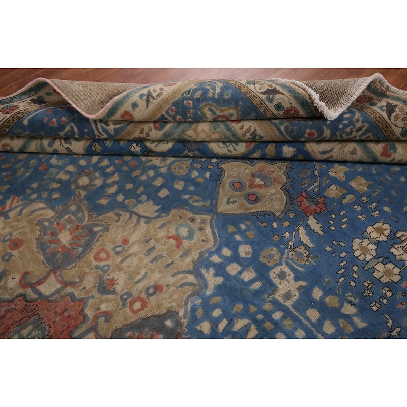 Tabriz Vintage Persian Area Rug Hand-Knotted Blue Wool Carpet - 9'10" x 13'5"