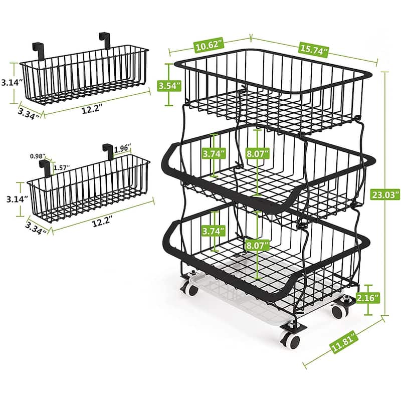 3 Tier Stackable Metal Wire Fruit Basket Cart for Kitchen, Pantry