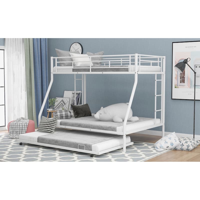 Bed with Sturdy Steel Frame, Bunk Bed with Twin Size Trundle, Two-Side Ladders
