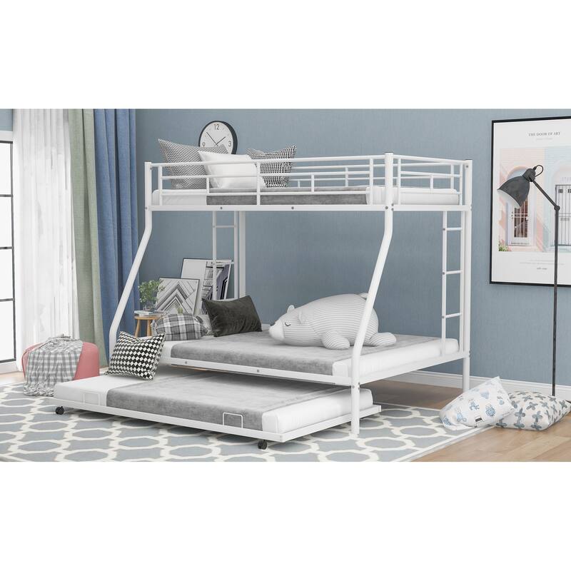 Twin over Full Bunk Bed with Trundle, Two-Side Ladders, White