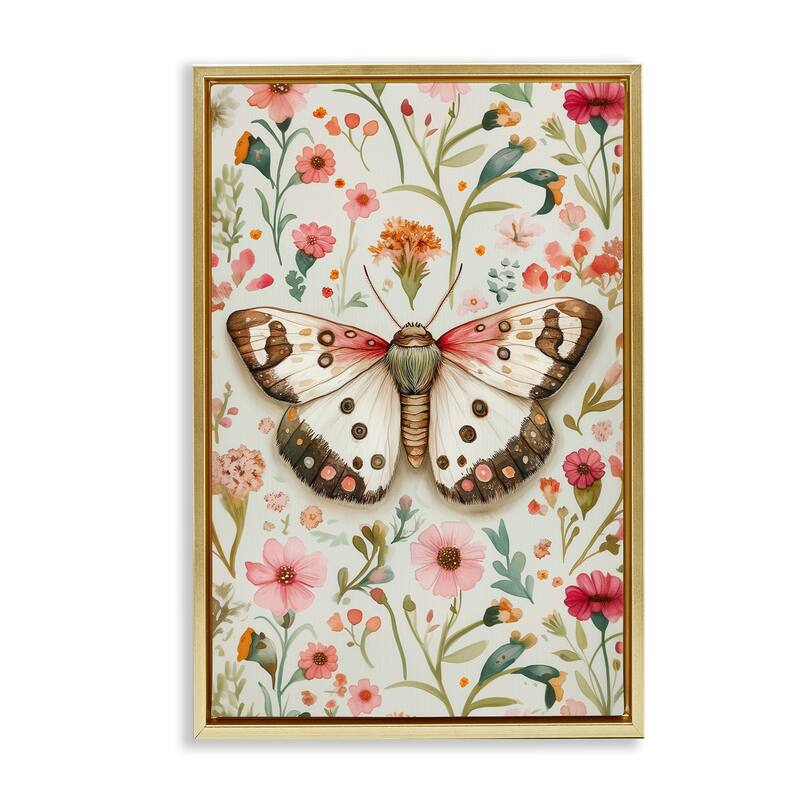 Stupell Botanical Butterfly on Florals Framed Floater Canvas Wall Art Design By The Dutch Lady - 21 x 31 - Gold
