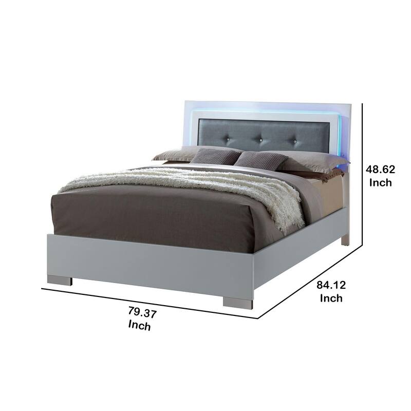 Wooden Eastern King Bed with Leatherette Headboard and LED trim, White