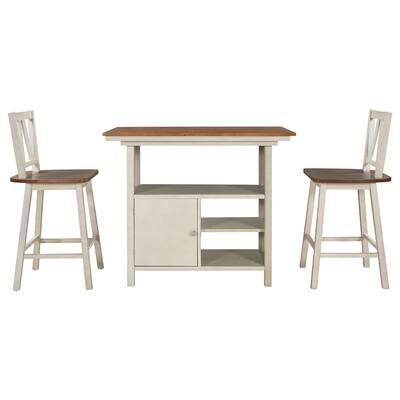 3-Piece Wooden Dining Table Set with Storage Cabinet and Shelves
