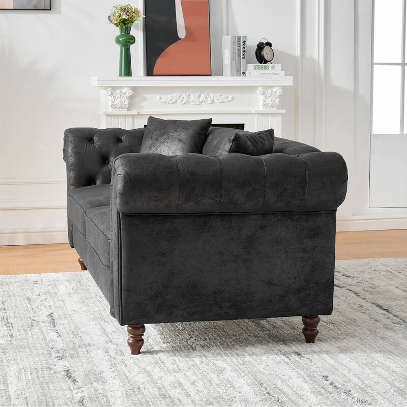 66"Chesterfield ‌Faux Leather Sofa,High-tech Fabric Roll Armrest Sofa,Upholstered Mid Century Modern Couch,2 Seater Couch