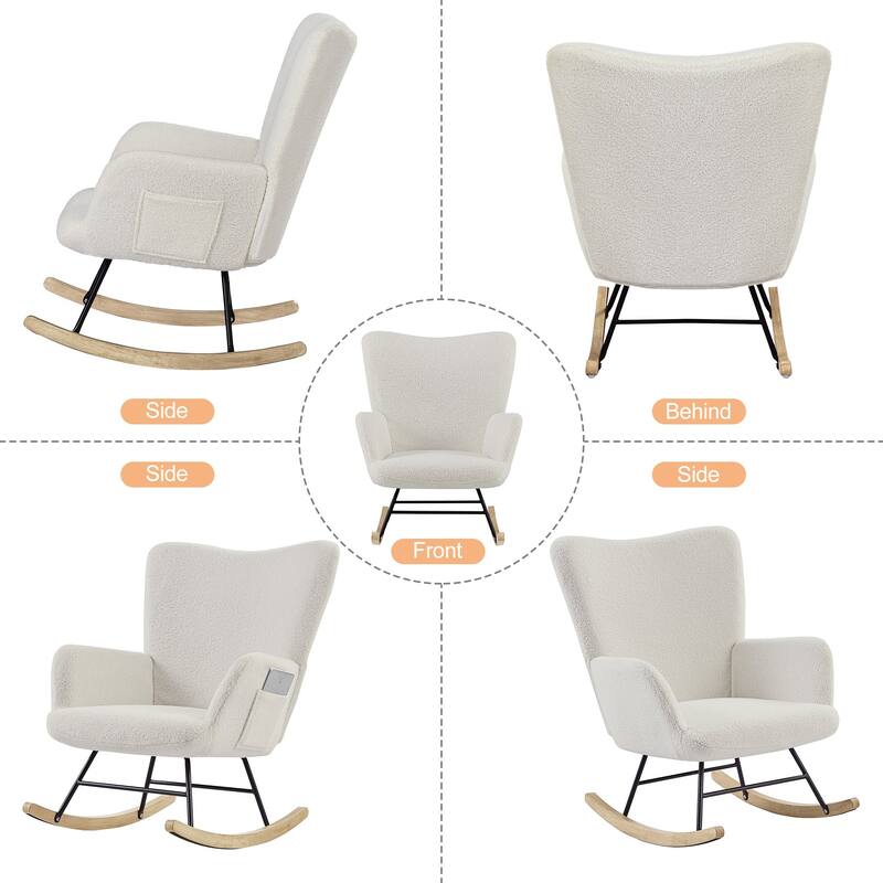 Javlergo Teddy Fabric Rocking Chair, Upholstered Nursery Glider Rocker with High Backrest & Side Pocket