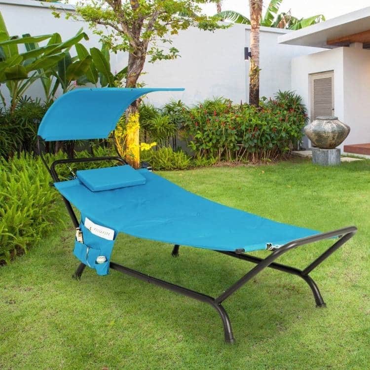 Metal Canopy Hammock Chaise Lounge Chair with Pillow and Stand - 95.5" x 40.5" x 53"