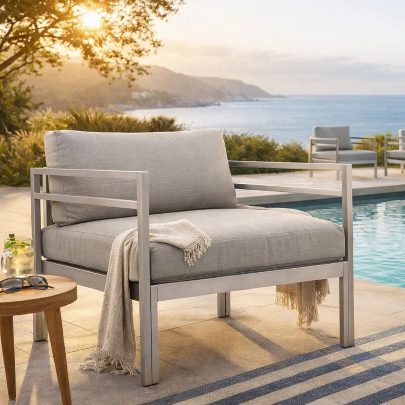 Billy 34 Inch Modern Outdoor Armchair, Gray Aluminum Frame, Fabric Cushions