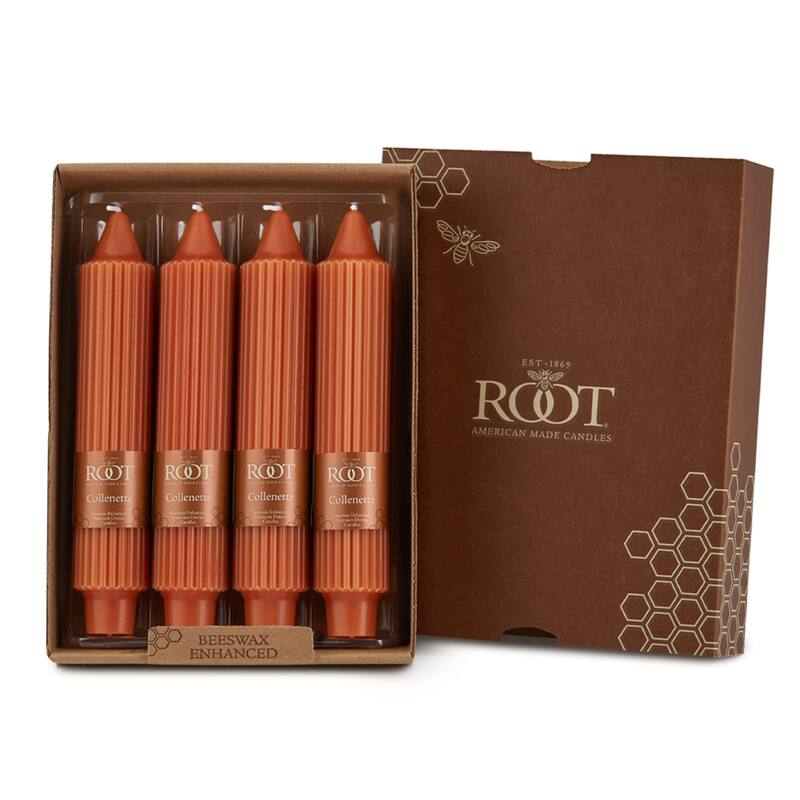 Root Unscented Grecian Collenette Taper Candles box of 4 - 7 X 1-1/4 - Rust