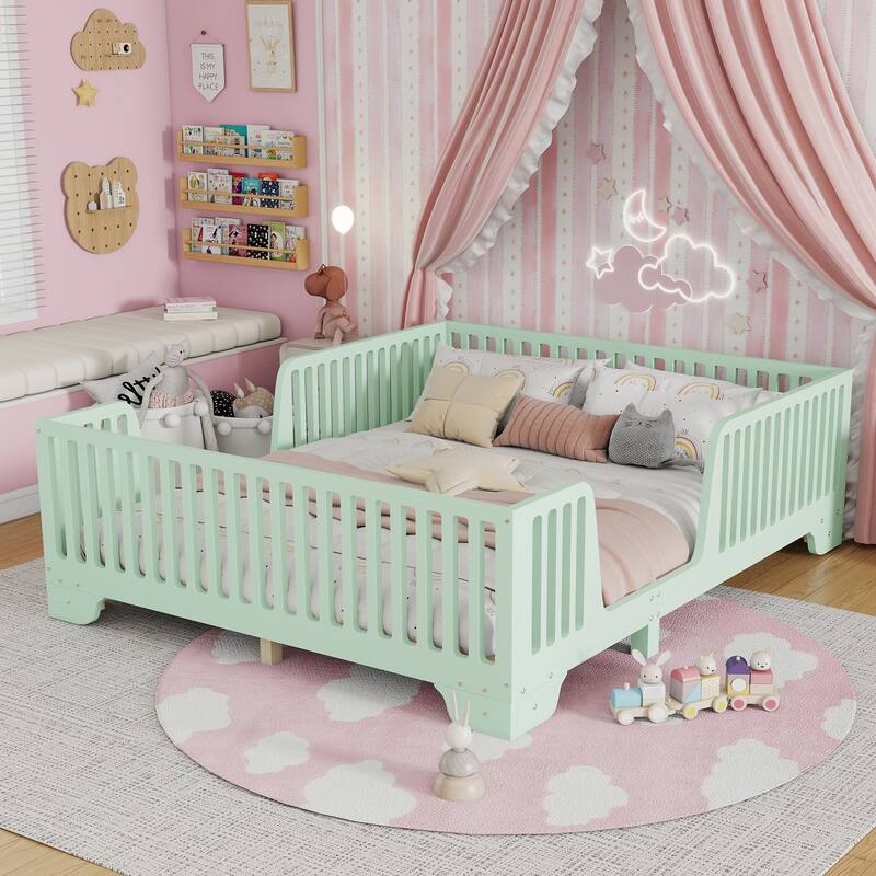 Full/Twin Montessori Floor Bed with Slats, Fence and Door, No Box Spring Needed